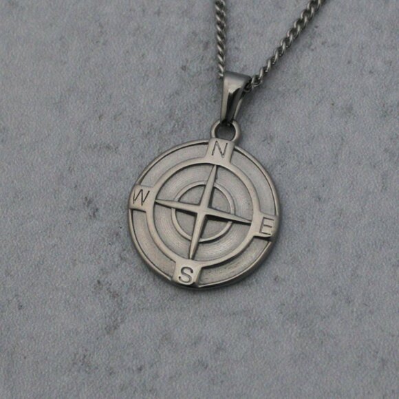 Silver Compass Pendant Chain Necklace - Picture 1 of 5